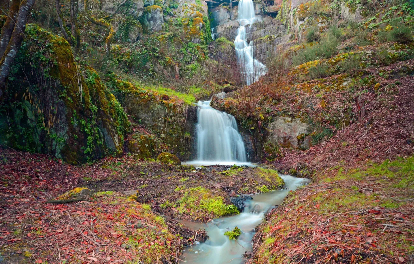 Photo wallpaper autumn, mountains, river, waterfall