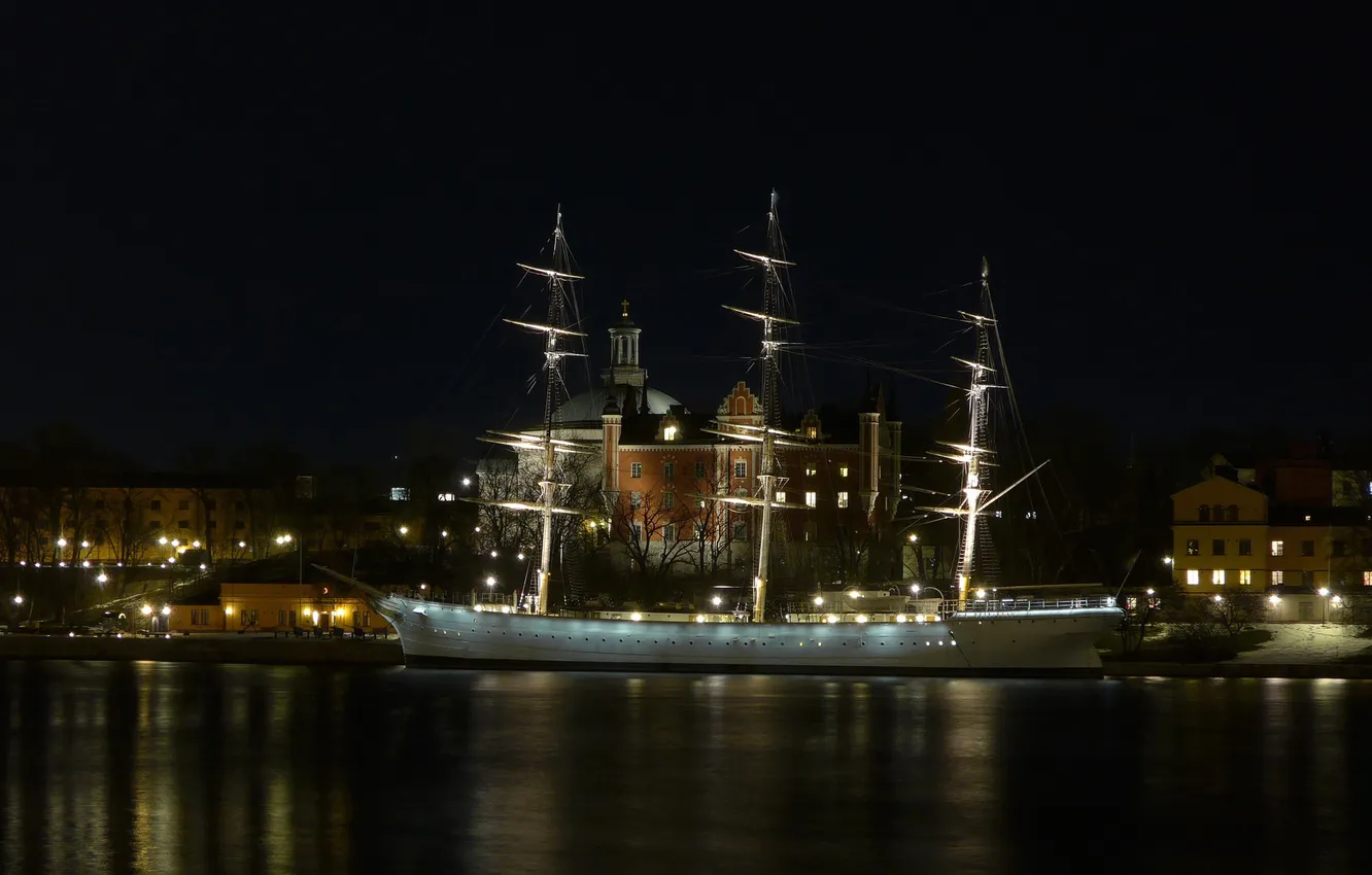 Photo wallpaper night, lights, ship, home, Stockholm, Sweden