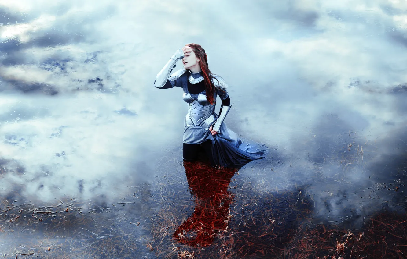 Photo wallpaper fog, river, Girl, dress, armor