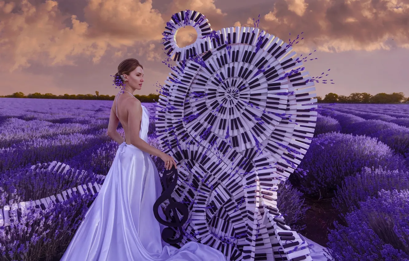 Photo wallpaper summer, girl, nature, style, music, keys, white dress, lavender