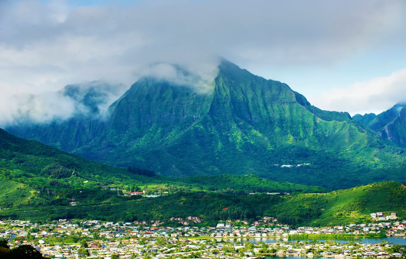 Photo wallpaper mountains, the city, home, Hawaii, USA