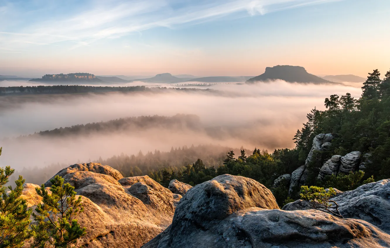 Photo wallpaper the sky, clouds, light, trees, mountains, fog, stones, rocks