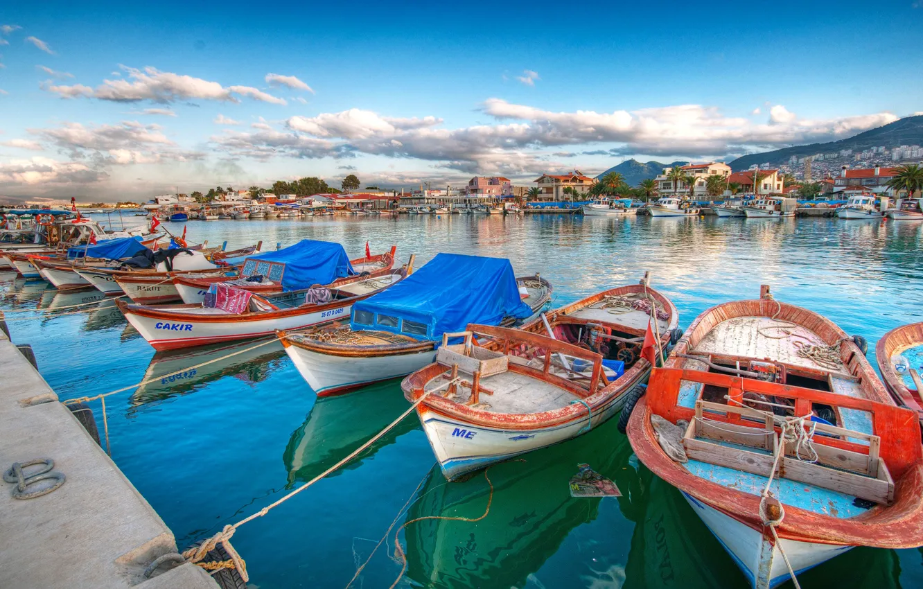 Photo wallpaper the sky, clouds, boat, Bay, yacht, Bay