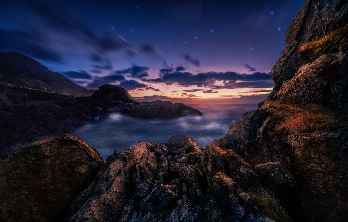 Photo wallpaper sea, stars, clouds, night, rocks, rocky shore
