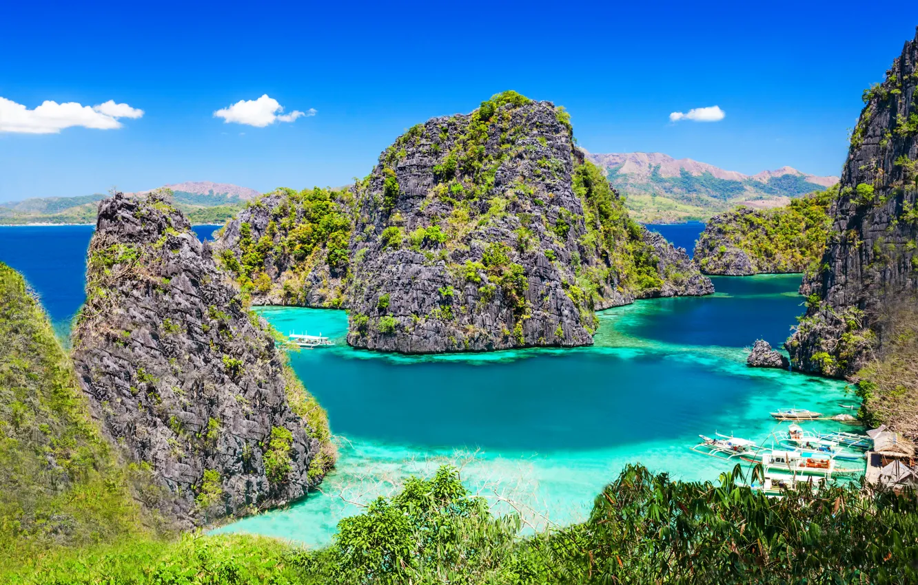 Photo wallpaper mountains, tropics, the ocean, rocks, coast, boat, island, Philippines