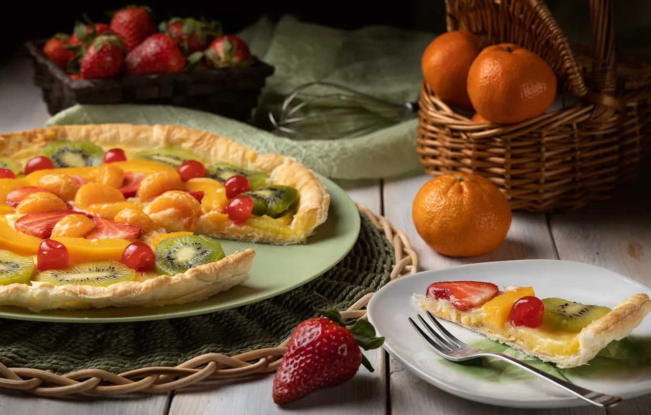 Photo wallpaper table, kiwi, pie, tangerines