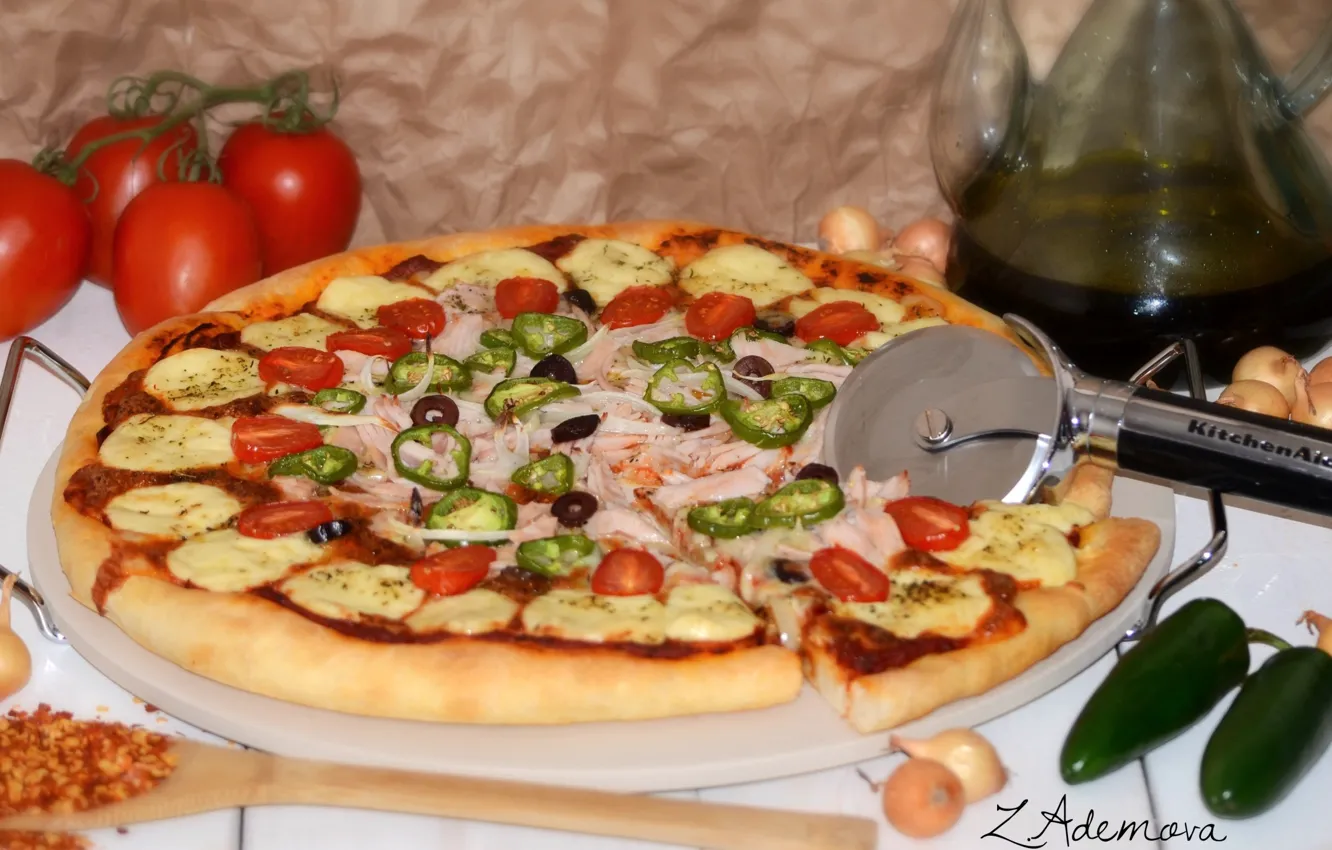 Photo wallpaper knife, pizza, tomatoes