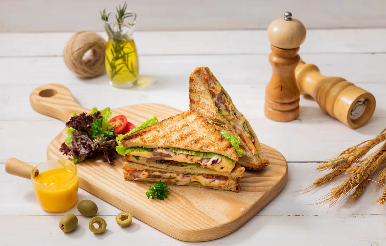 Photo wallpaper spikelets, tomatoes, olives, sauce, sandwich, salad