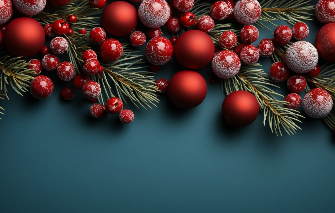 Photo wallpaper berries, background, balls, New Year, Christmas, red, new year, happy