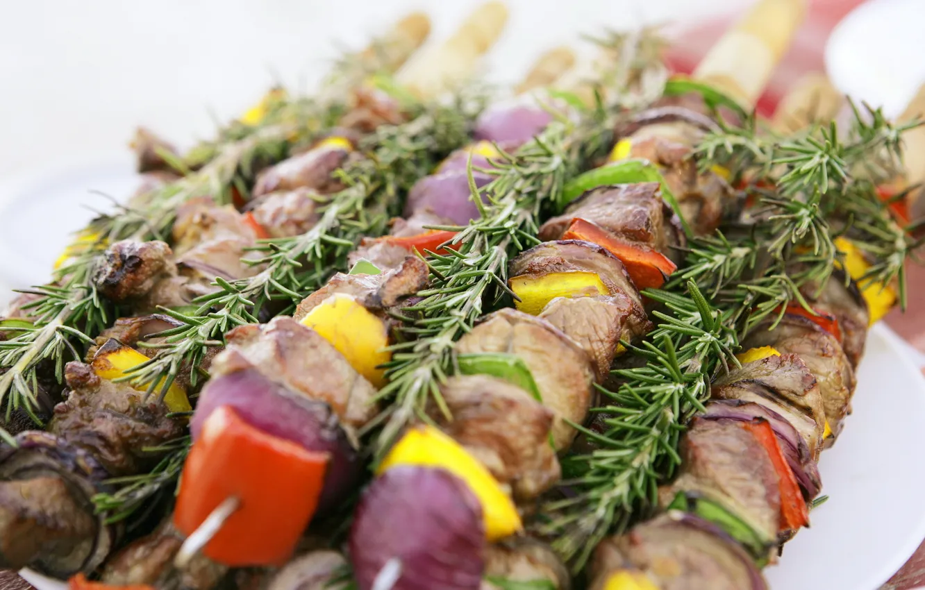 Photo wallpaper food, meat, vegetables, kebab, delicious
