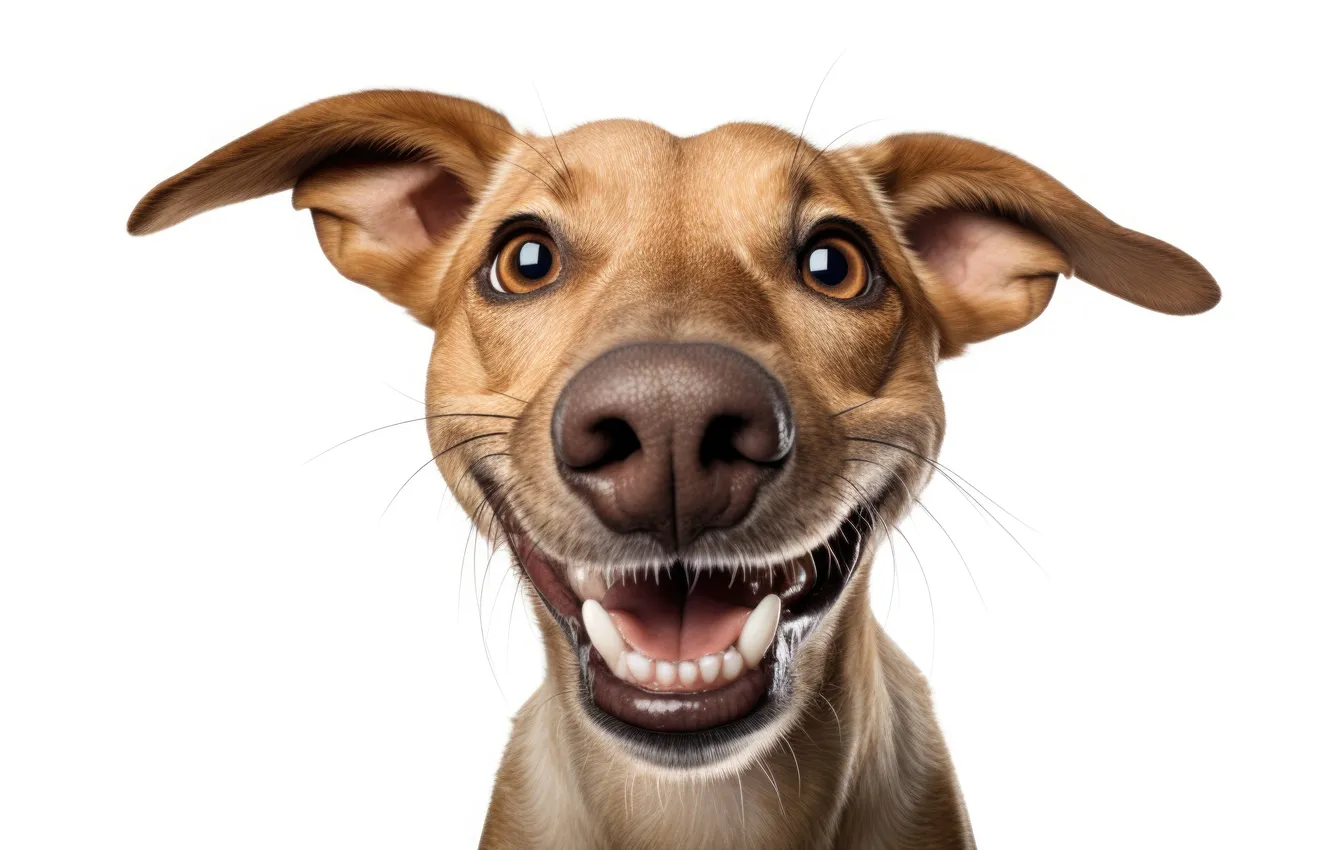 Photo wallpaper look, face, smile, dog, nose, light background, funny, closeup