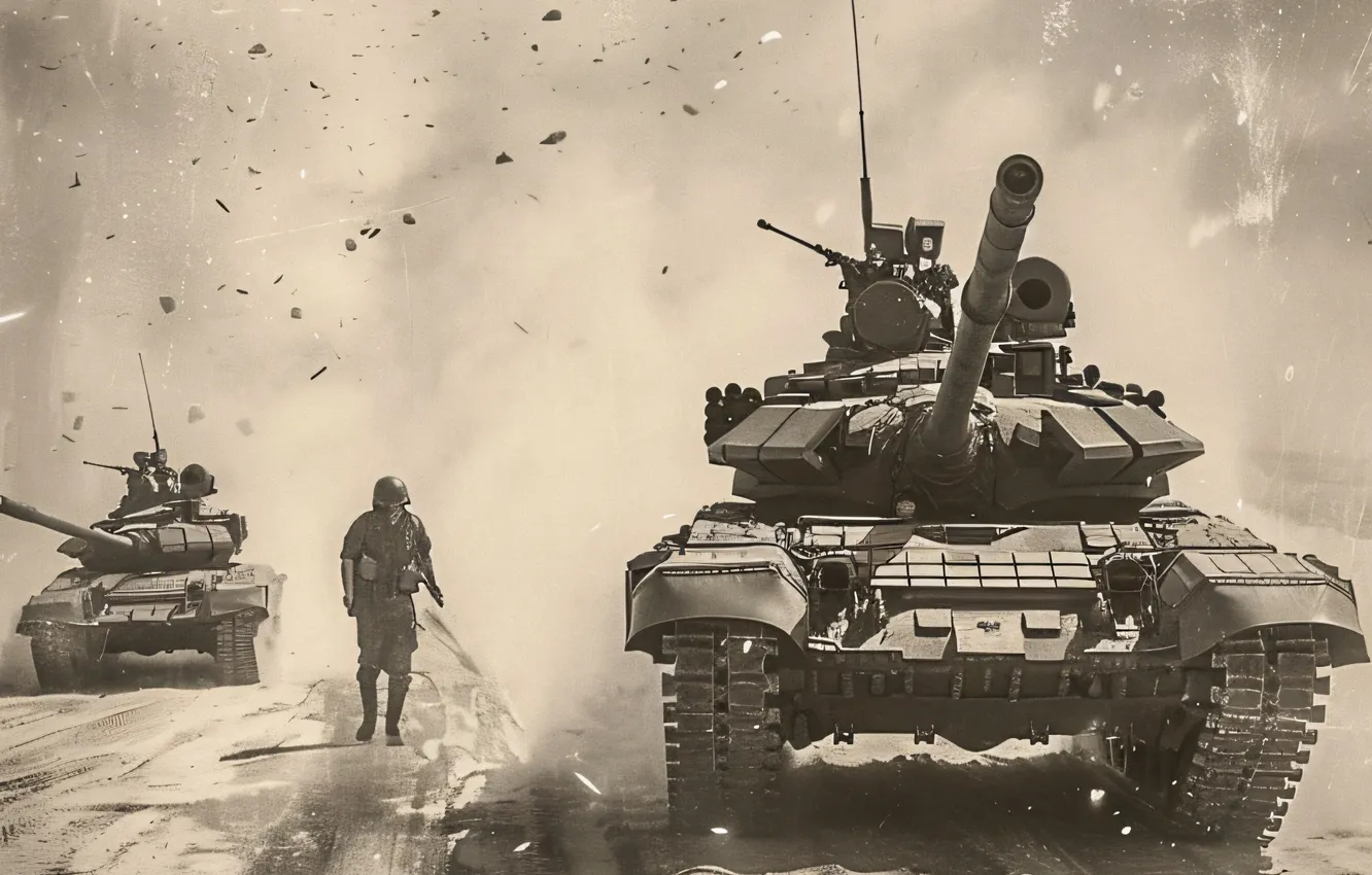 Photo wallpaper dust, soldiers, tank, front, digital art, AI art, The Art of Artificial Intelligence, War and …