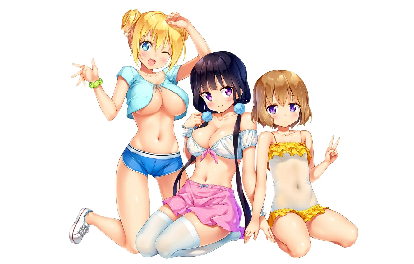 Photo wallpaper girl, sexy, cleavage, shorts, thighhighs, long hair, brown hair, boobs