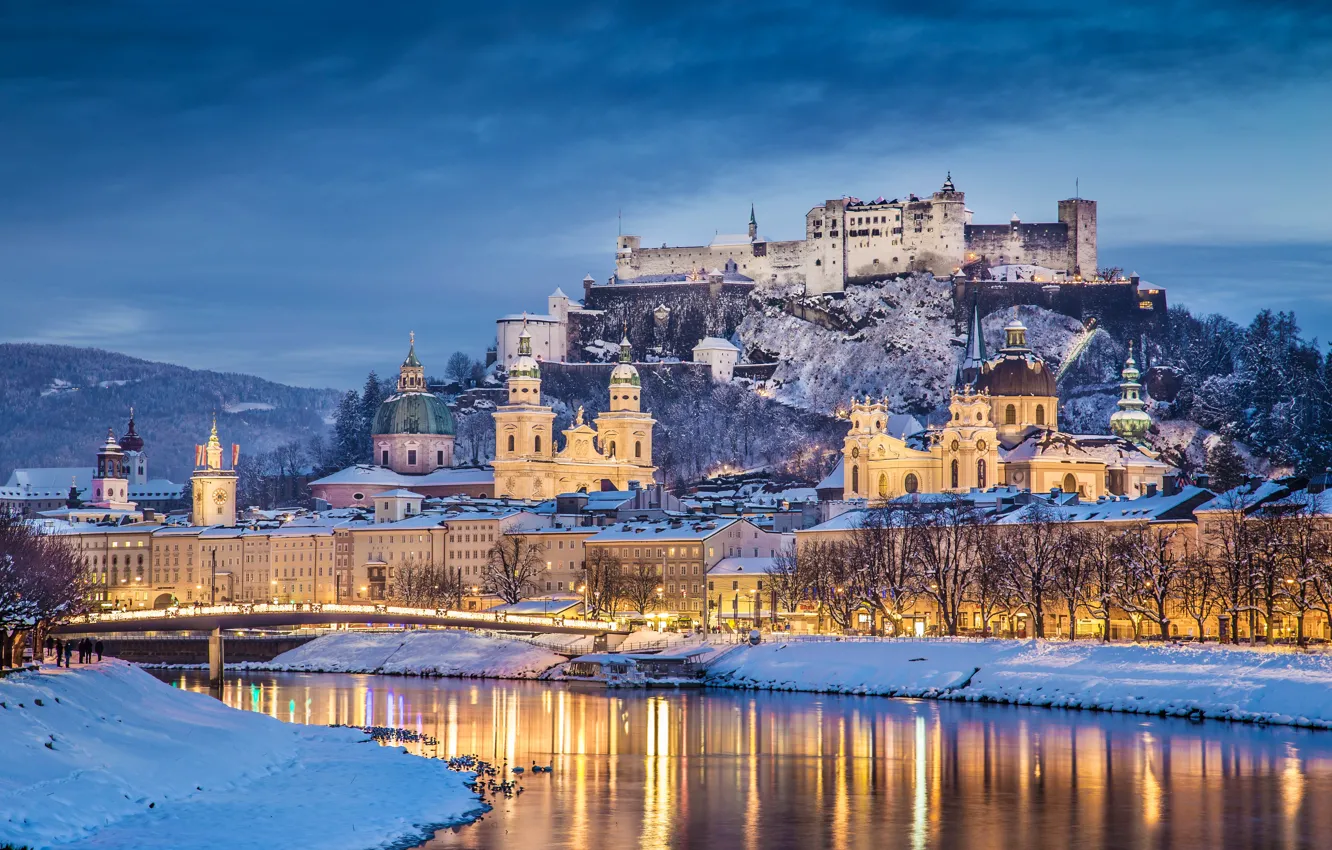 Photo wallpaper winter, snow, landscape, bridge, river, castle, mountain, home