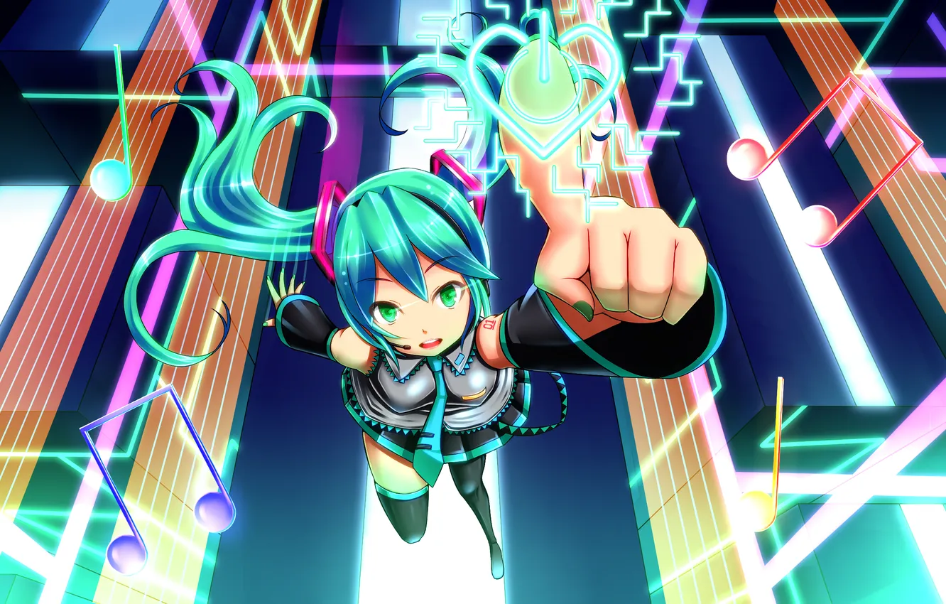 Photo wallpaper girl, notes, art, tie, microphone, vocaloid, hatsune miku, Vocaloid