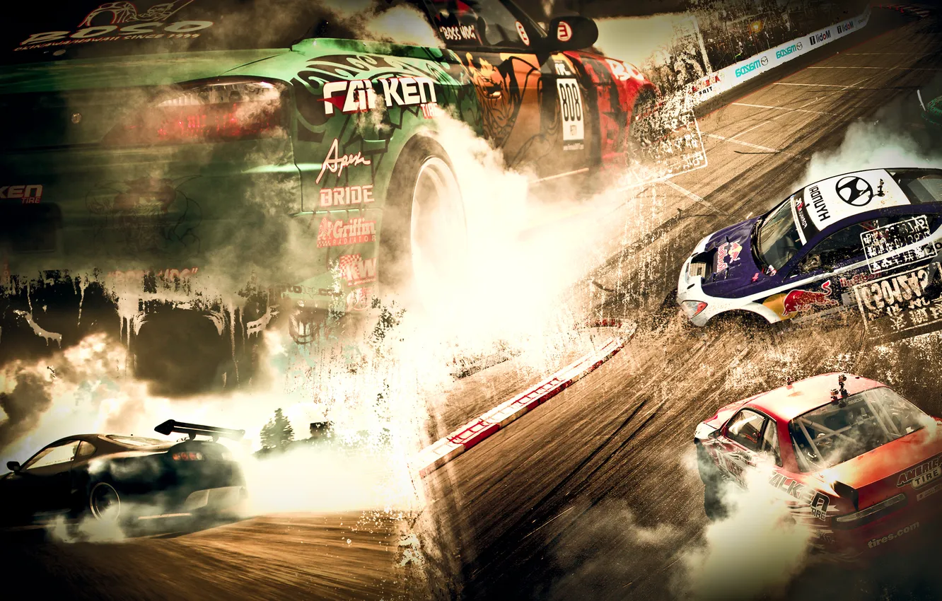 Photo wallpaper smoke, drift, Nissan, Toyota