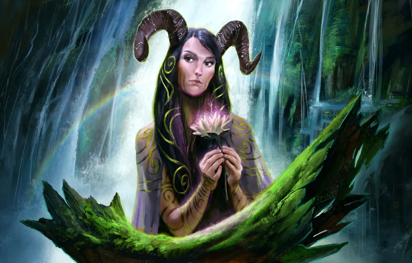 Photo wallpaper forest, girl, flowers, fiction, magic, waterfall, rainbow, spirit