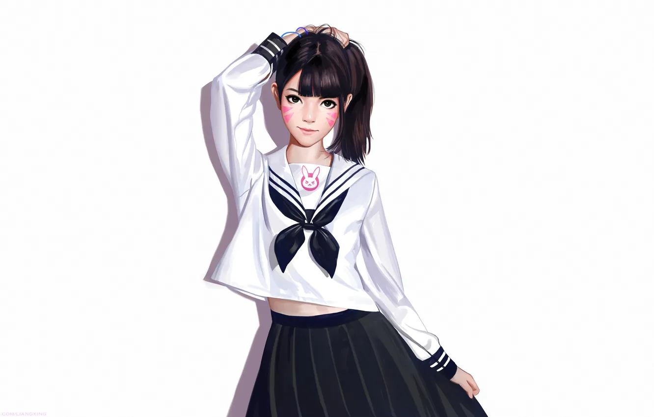 Photo wallpaper ponytail, brunette, asian, smiling, bangs, looking at viewer, video game characters, D.Va (Overwatch)