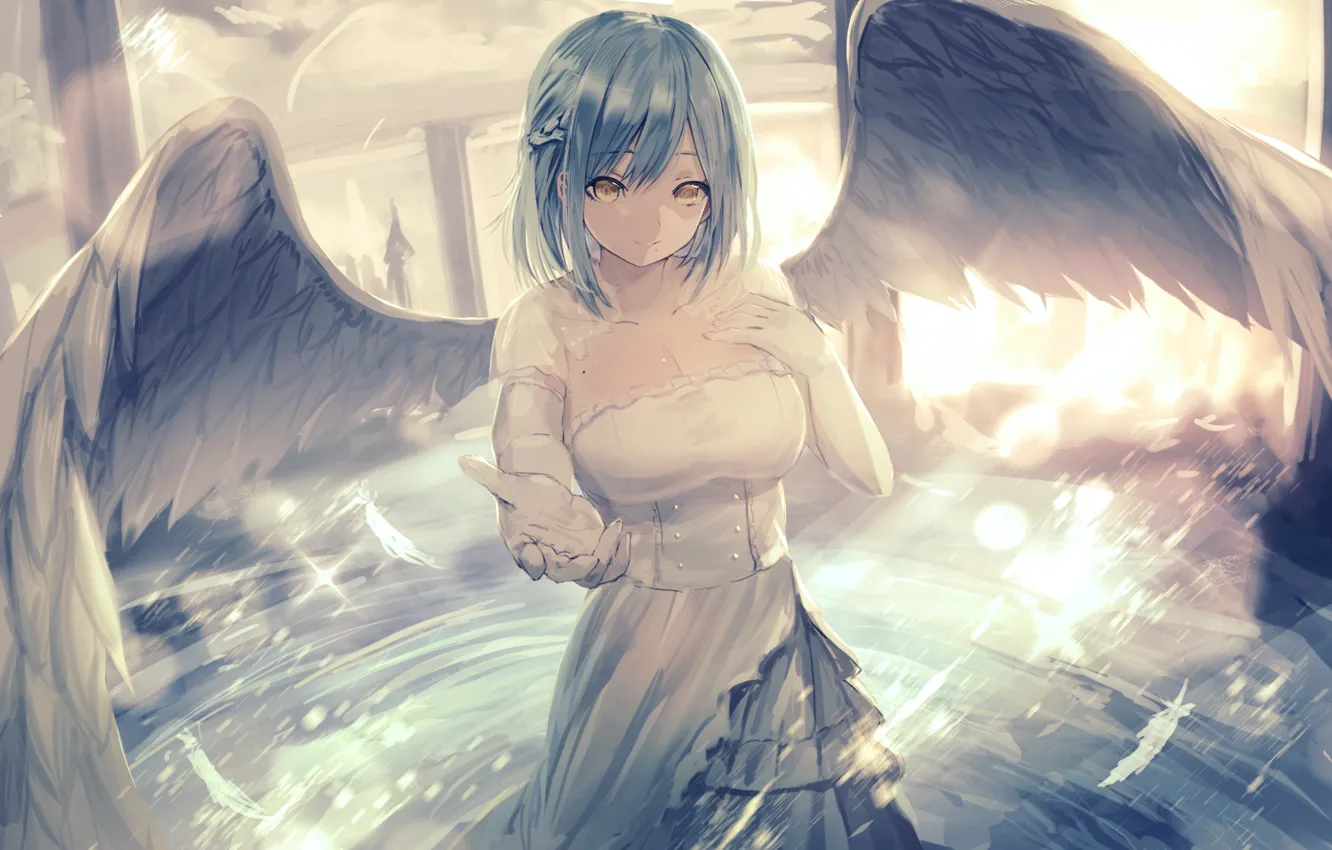 Photo wallpaper neckline, corset, white dress, gesture, blue hair, angel, stretched out his right hand, white wings