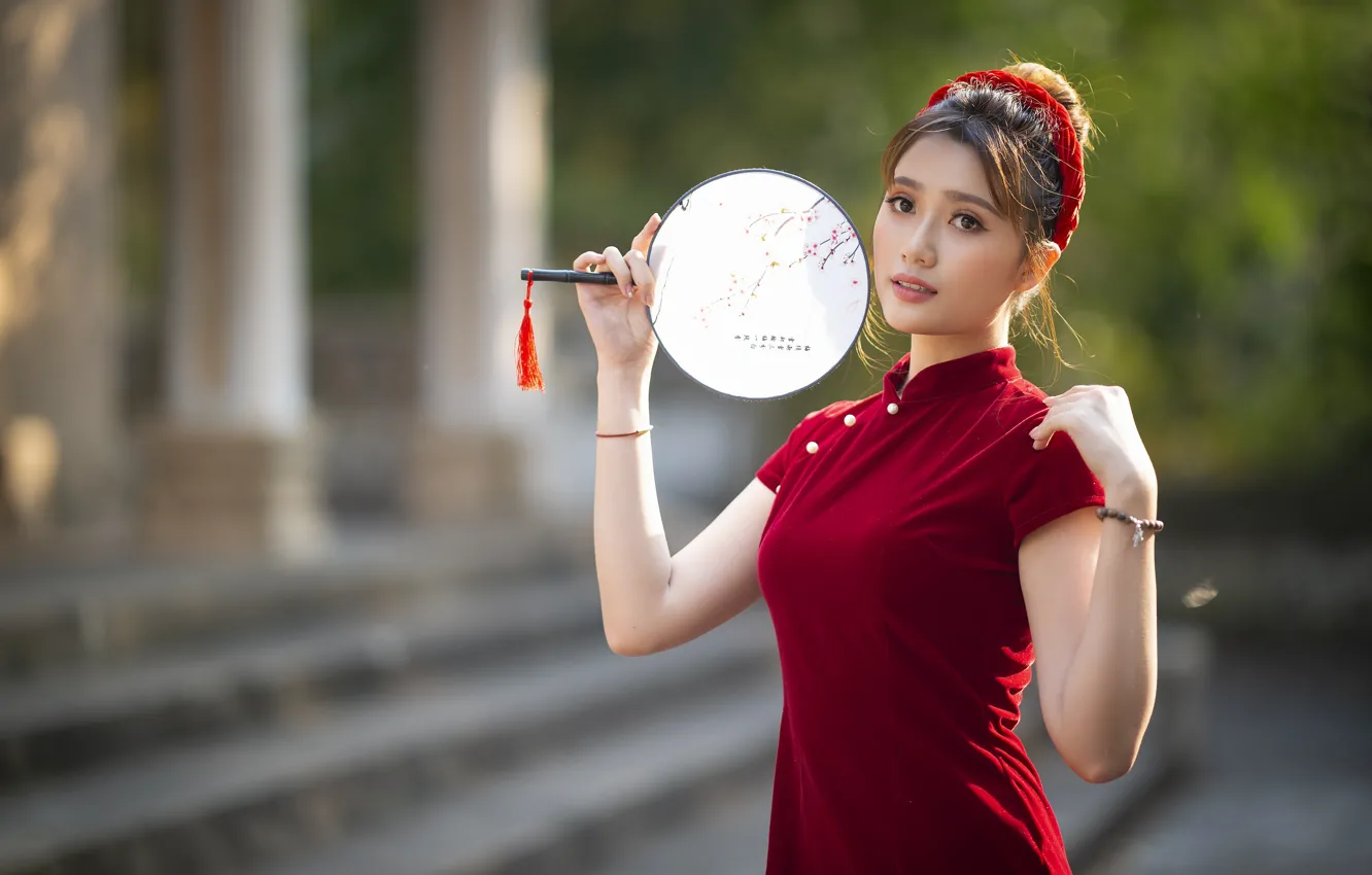 Photo wallpaper girl, nature, Asian, red dress