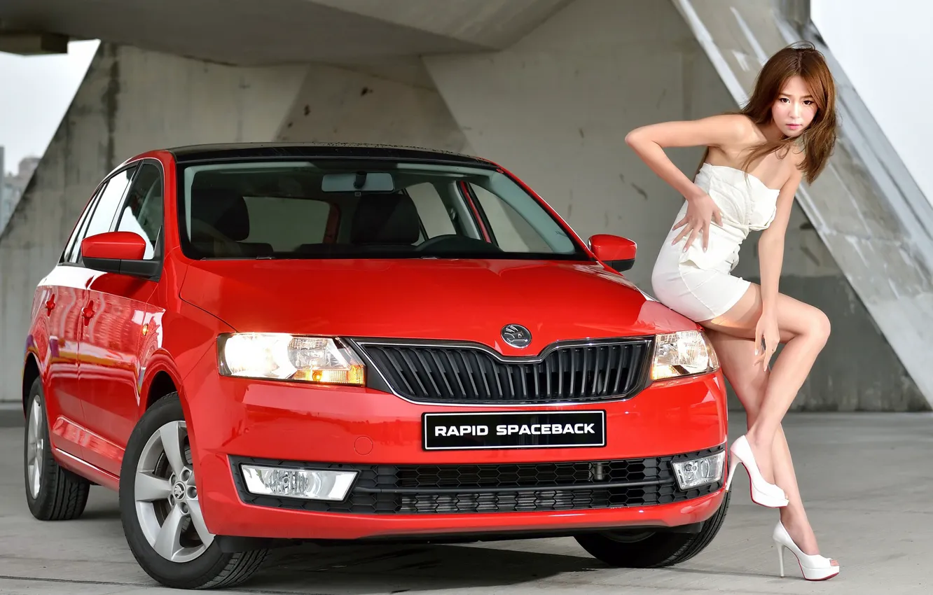 Photo wallpaper look, Girls, Asian, beautiful girl, Skoda, red car, posing on the car