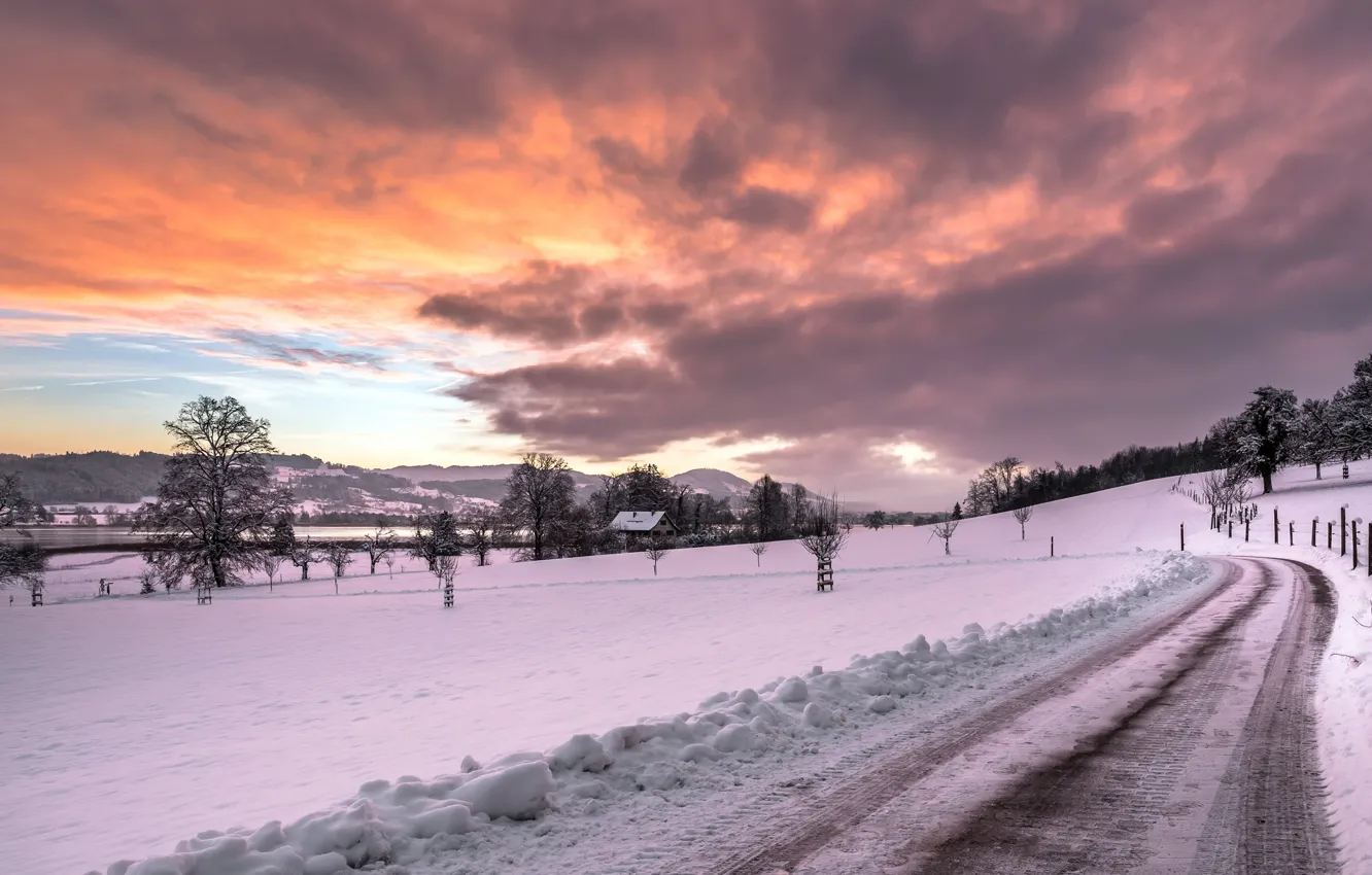 Photo wallpaper winter, road, snow