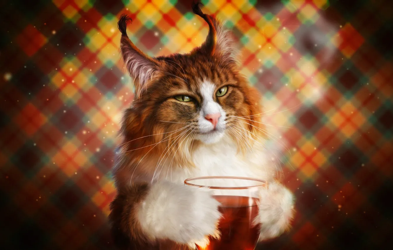 Photo wallpaper Cat, Cat, Style, Cup, Art, Tea, Art, Style