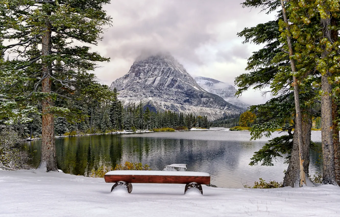 Photo wallpaper winter, snow, trees, mountains, lake, Park, bench