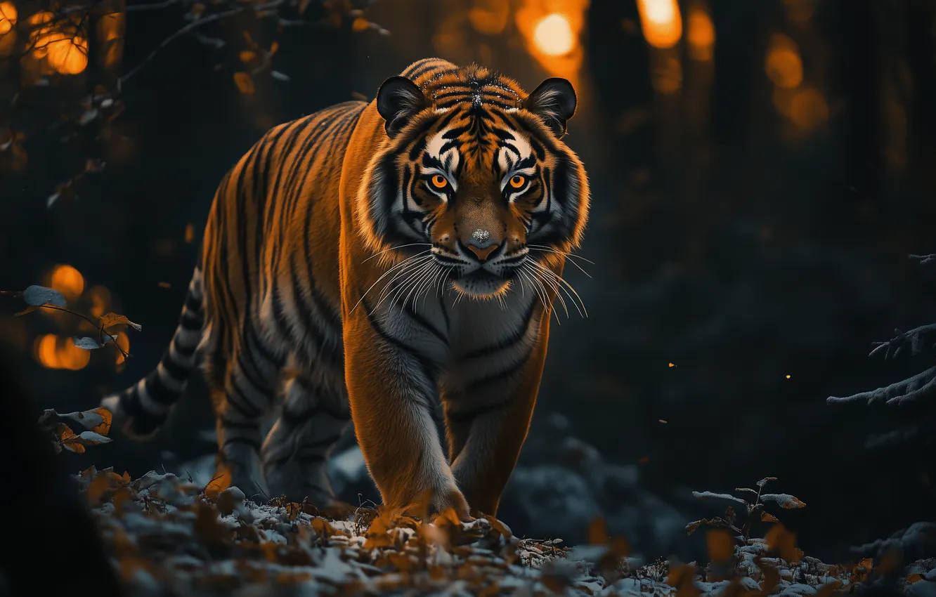 Photo wallpaper winter, forest, look, face, trees, branches, tiger, the dark background