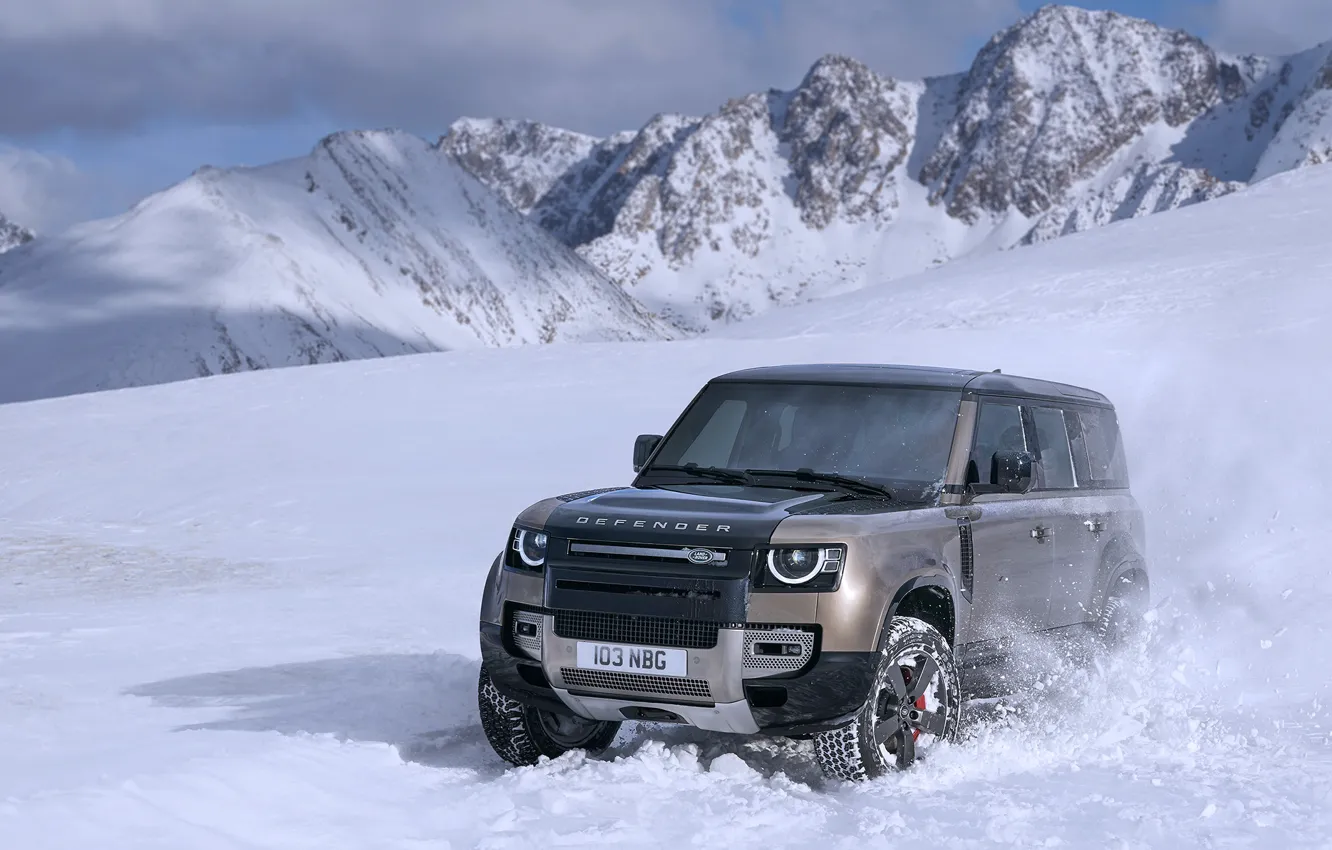 Photo wallpaper winter, mountains, Land Rover, Defender