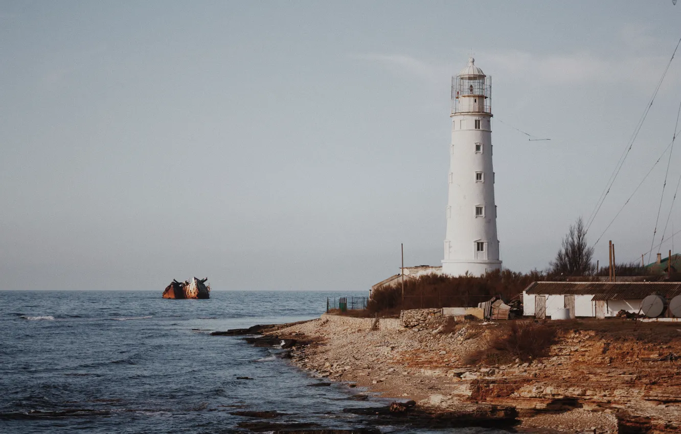 Photo wallpaper sea, open, shore, lighthouse, tarkhankut