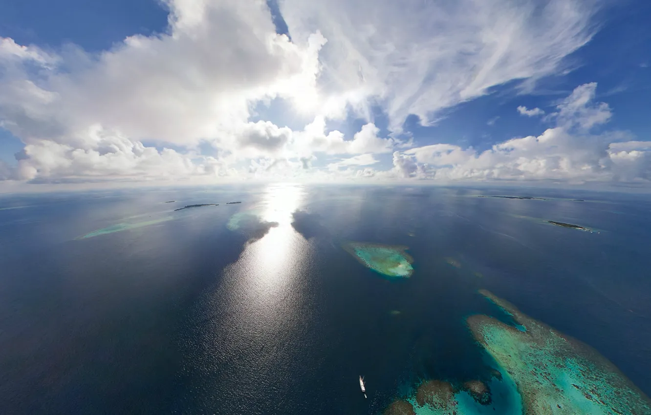Photo wallpaper Islands, clouds, the ocean, The sun, horizon, The Maldives