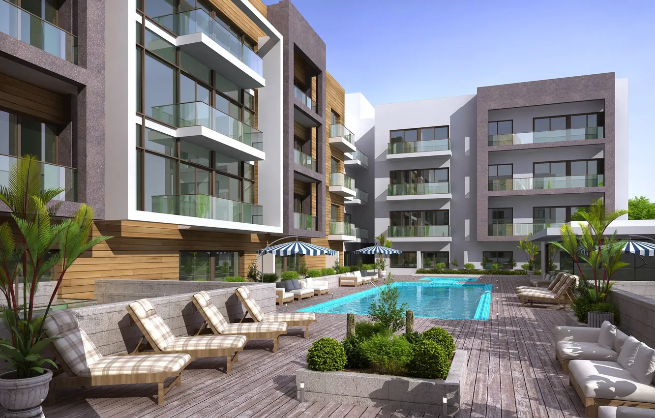 Photo wallpaper building, pool, swimming pool, modern apartment, dharwarwala pool