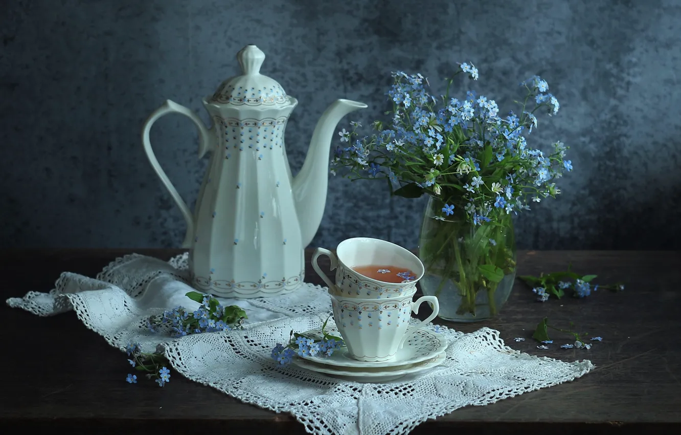 Photo wallpaper flowers, table, blue, tea, petals, kettle, pair, Cup
