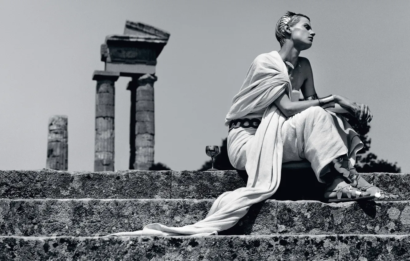 Photo wallpaper photographer, the ruins, black and white, steps, Alasdair McLellan, Saskia de Brau, Saskia De Brauw