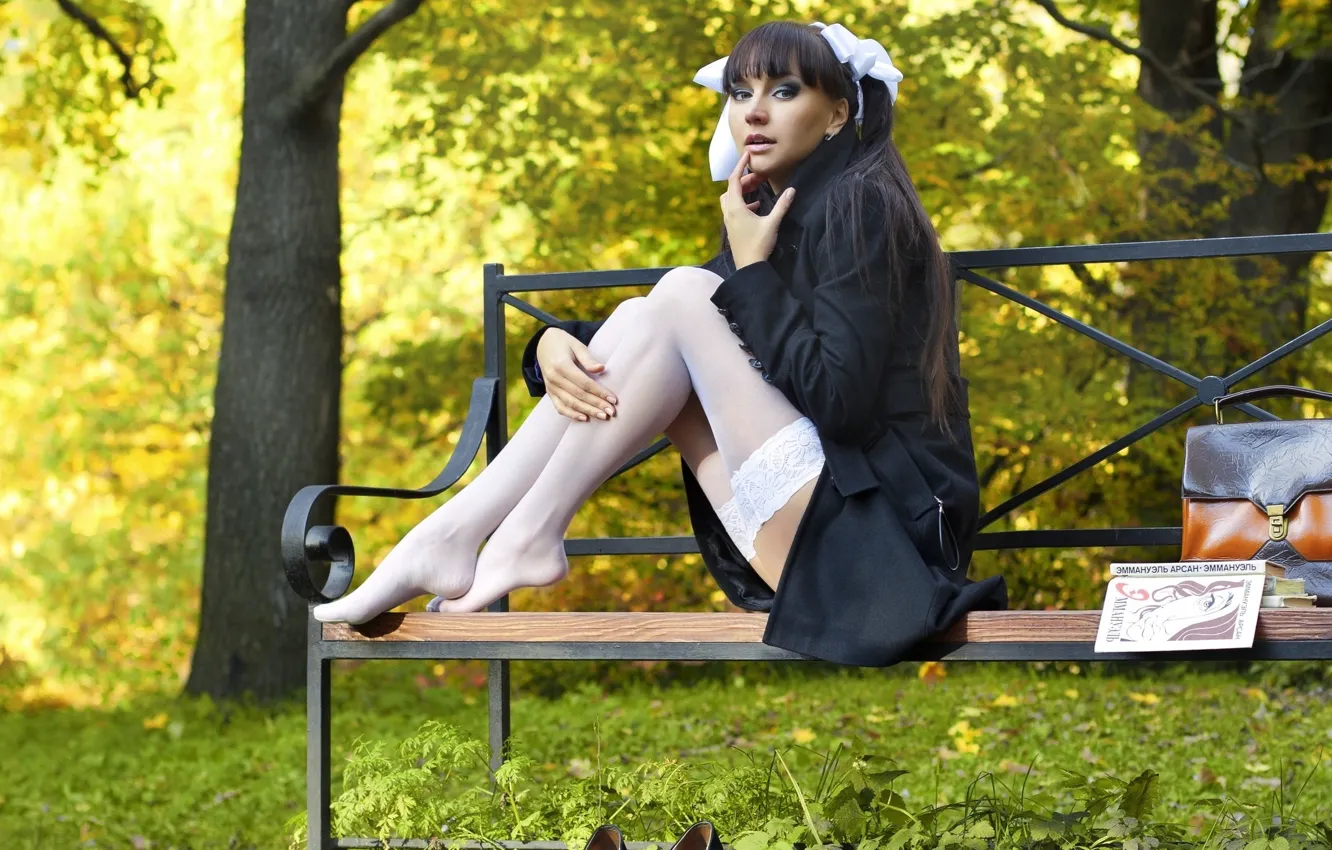 Photo wallpaper bench, stockings, brunette, schoolgirl, legs, portfolio, sitting, bow