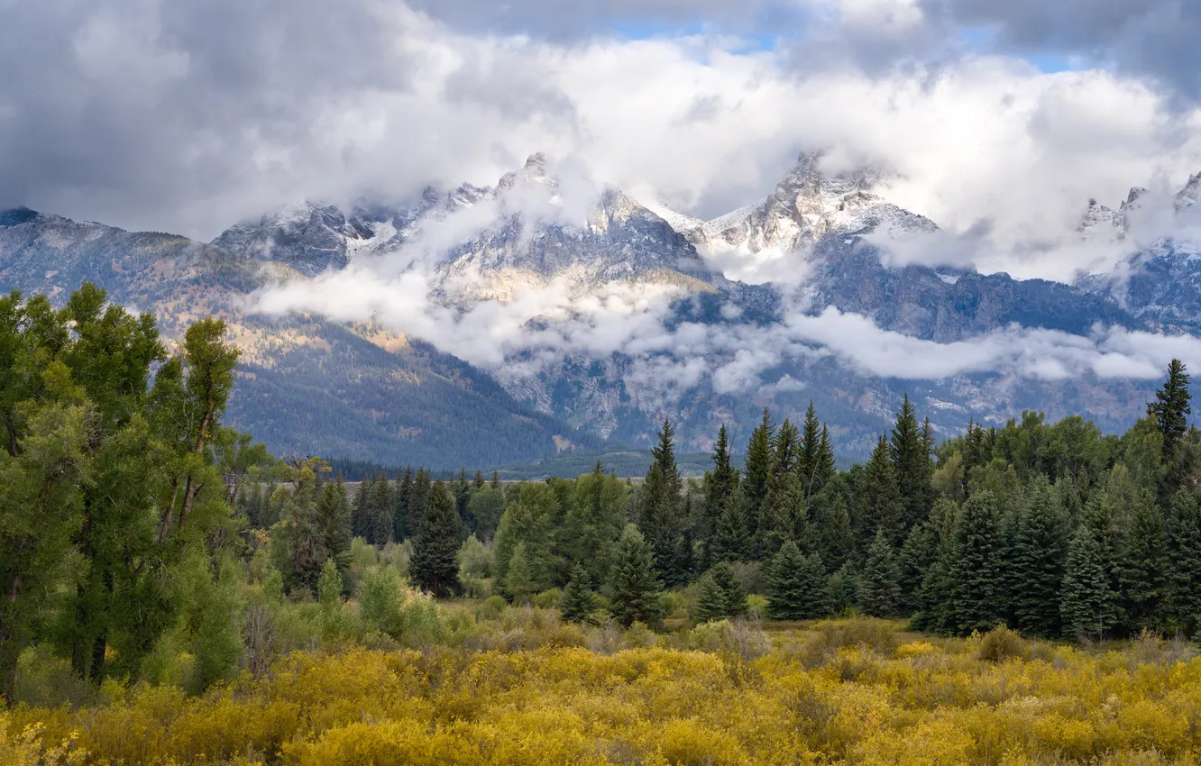 Photo wallpaper clouds, mountains, USA, Grand Teton National Park