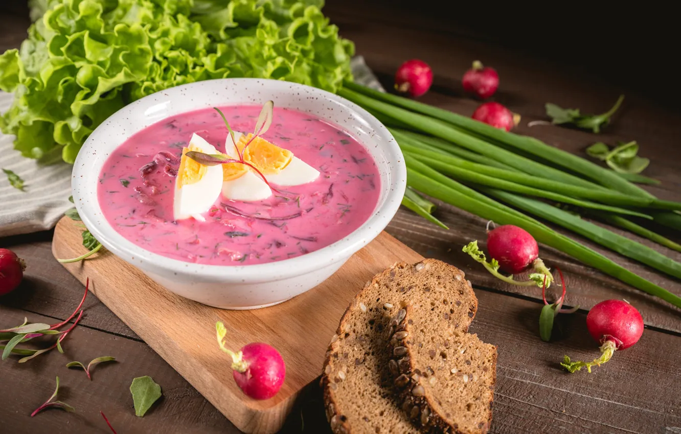 Photo wallpaper greens, green, table, eggs, bow, plate, bread, soup