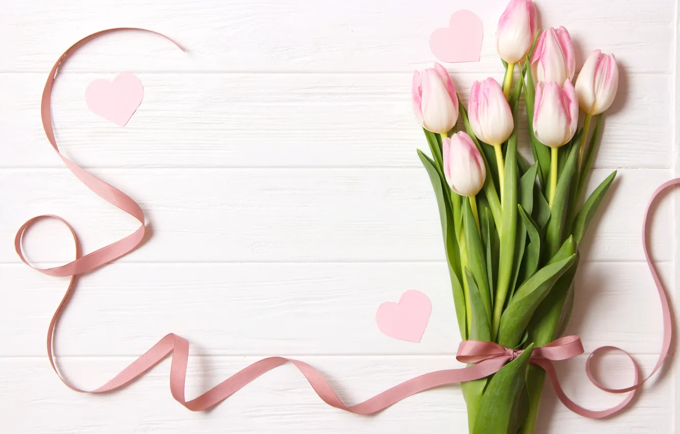 Photo wallpaper flowers, bouquet, tape, tulips, pink, wood, pink, flowers