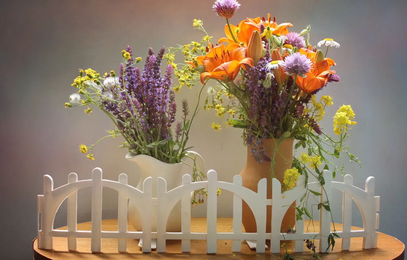 Photo wallpaper summer, the fence, bouquets