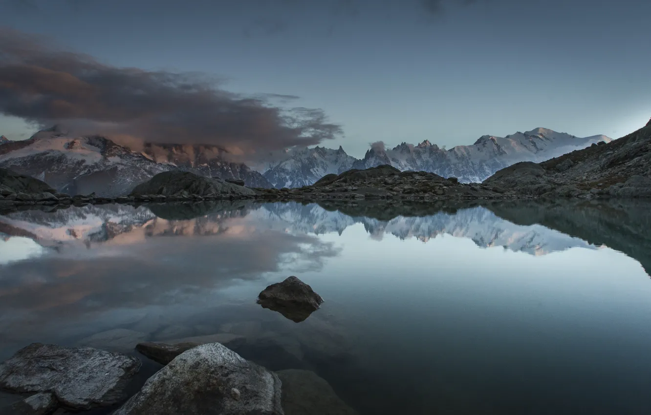 Photo wallpaper snow, mountains, clouds, lake, stones, Alps