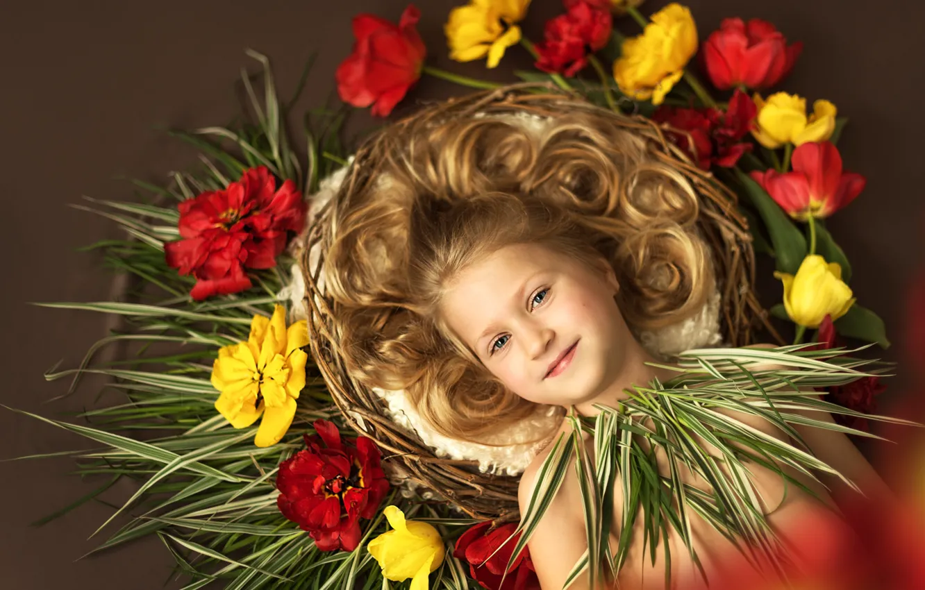 Photo wallpaper leaves, flowers, girl, tulips, child, curls, Anastasia Alekseeva