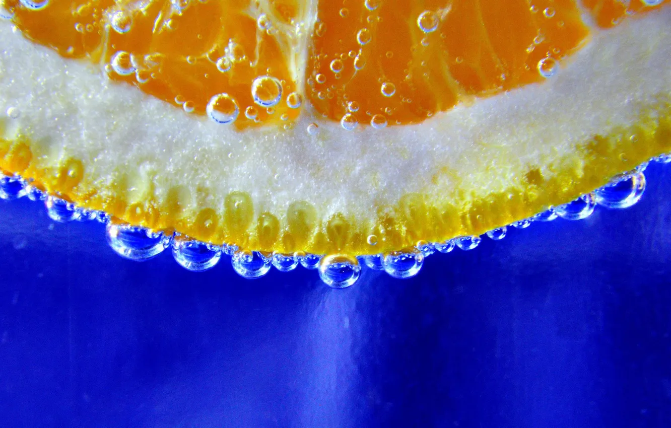 Photo wallpaper water, bubbles, orange, slice, the air