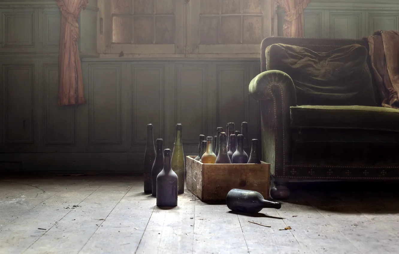 Photo wallpaper room, sofa, bottle