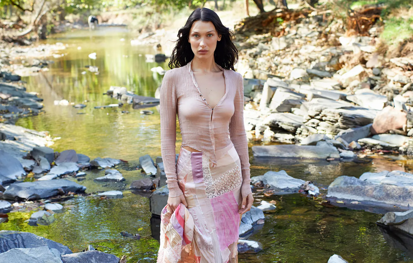 Photo wallpaper look, girl, nature, river, model, figure, blouse, beautiful