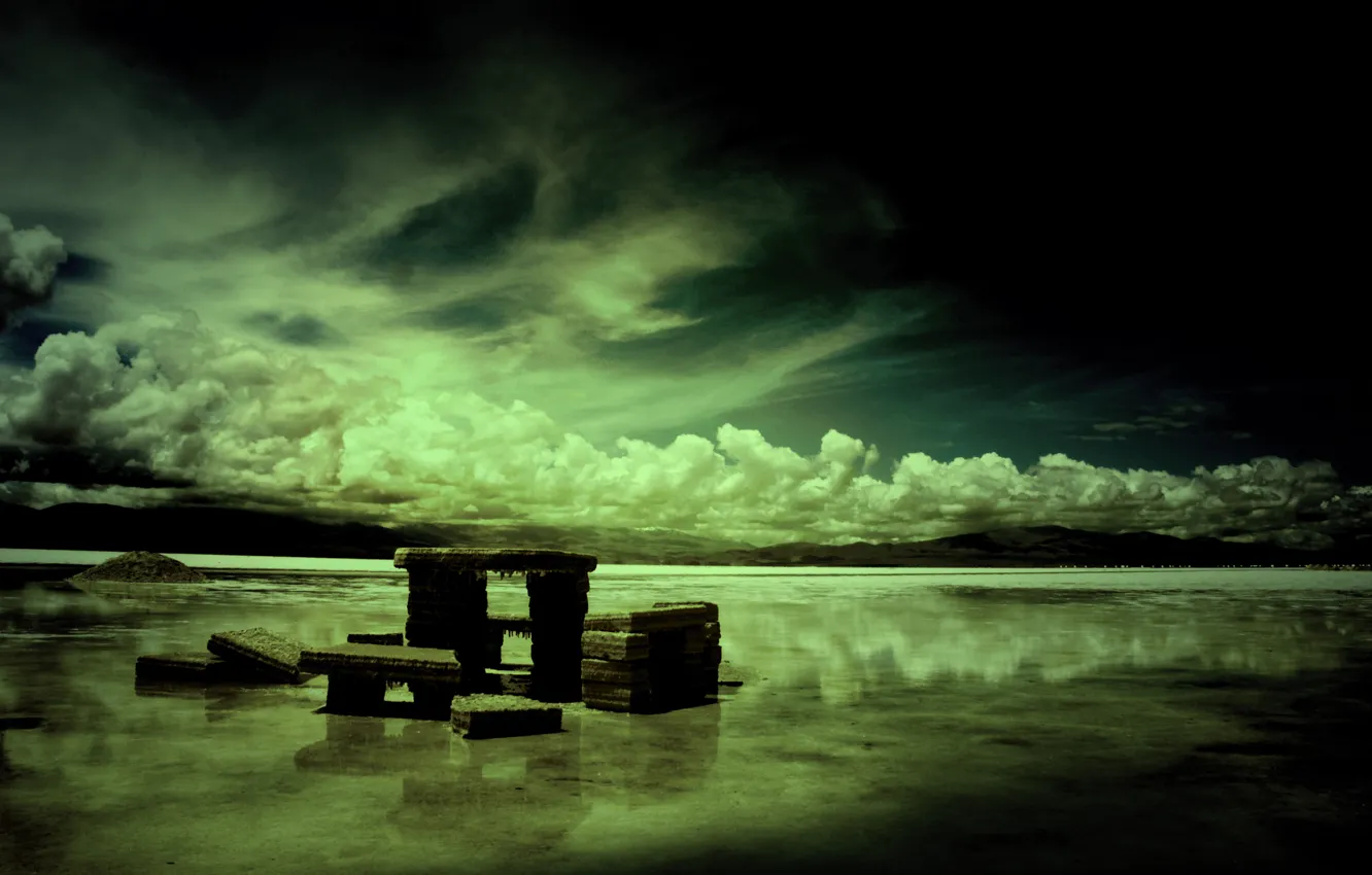 Photo wallpaper clouds, lake, Dark Harmony, stone slabs