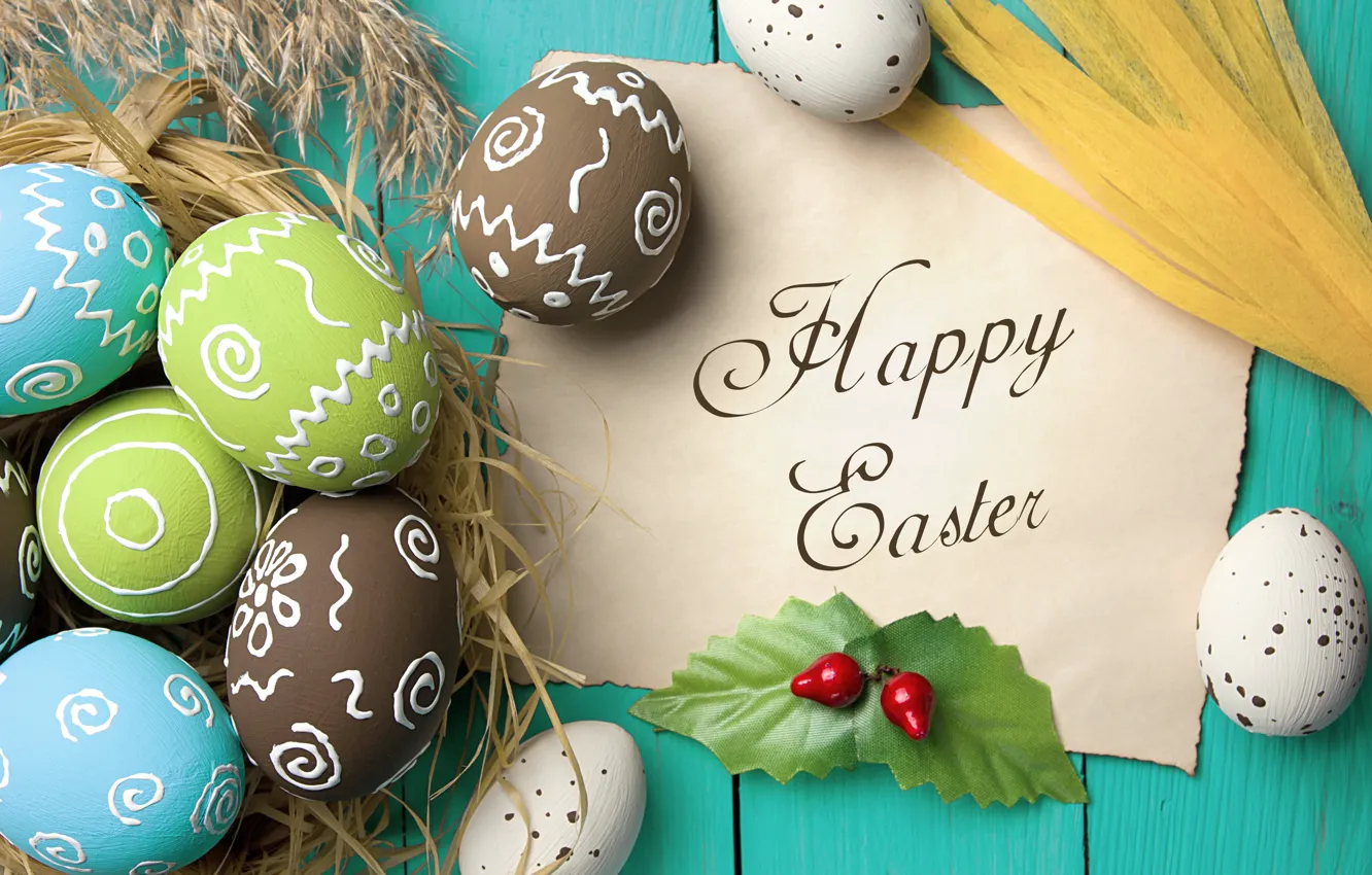 Photo wallpaper colorful, Easter, wood, spring, Easter, eggs, decoration, Happy