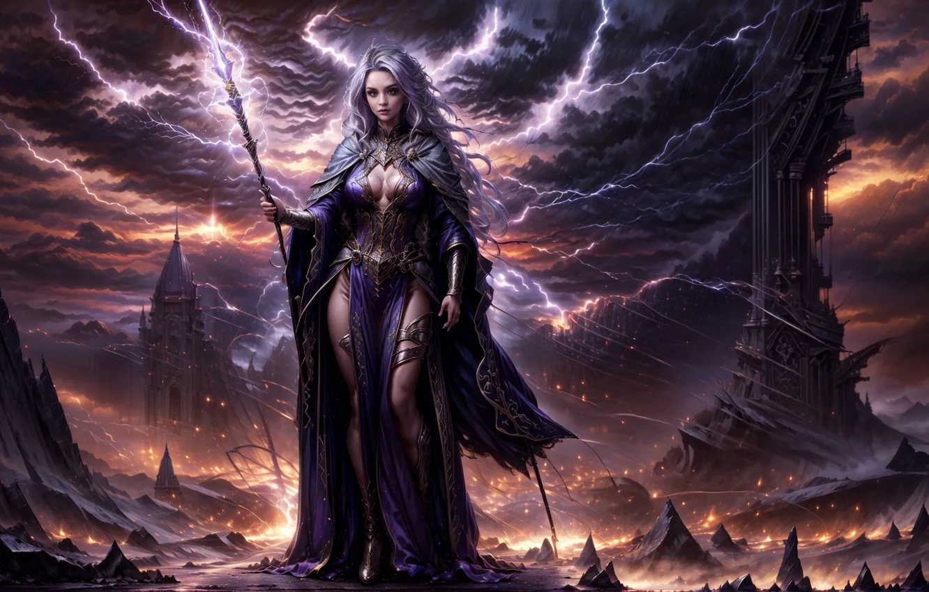 Photo wallpaper girl, mountains, lightning, fantasy, spear, AI ART
