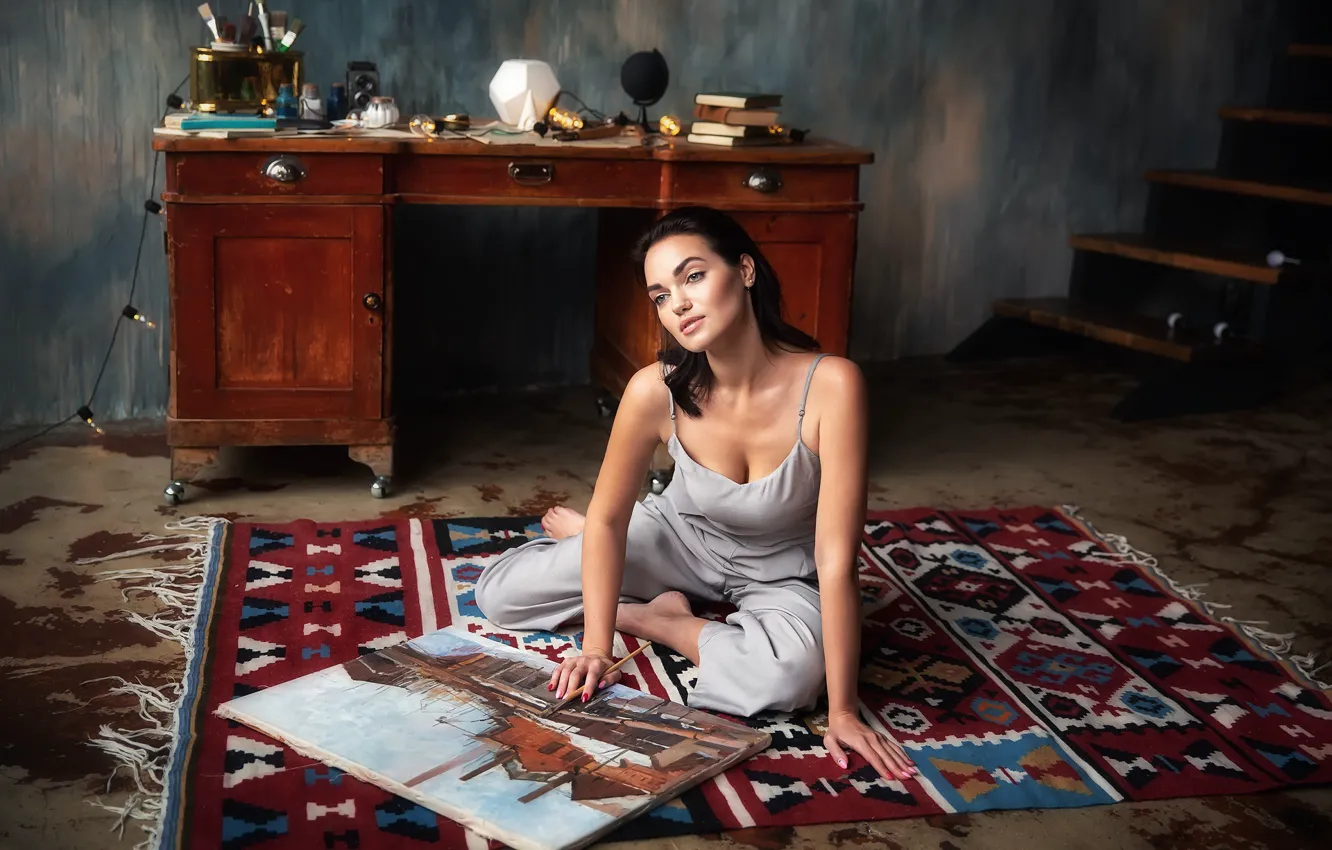 Photo wallpaper look, girl, pose, table, room, picture, on the floor, Anastasia Barmina