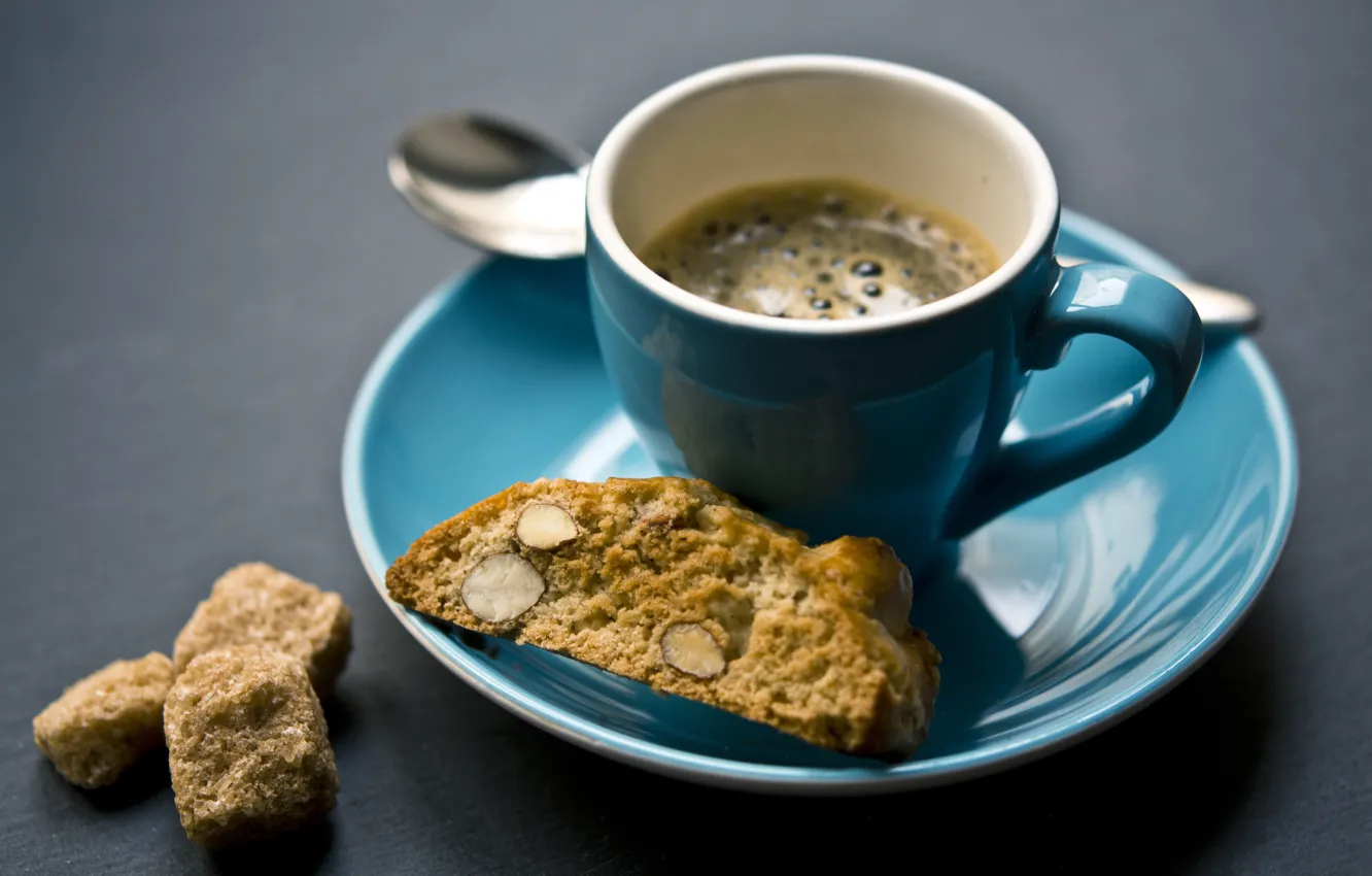 Photo wallpaper coffee, food, cookies, almonds, a Cup of coffee, esperesso